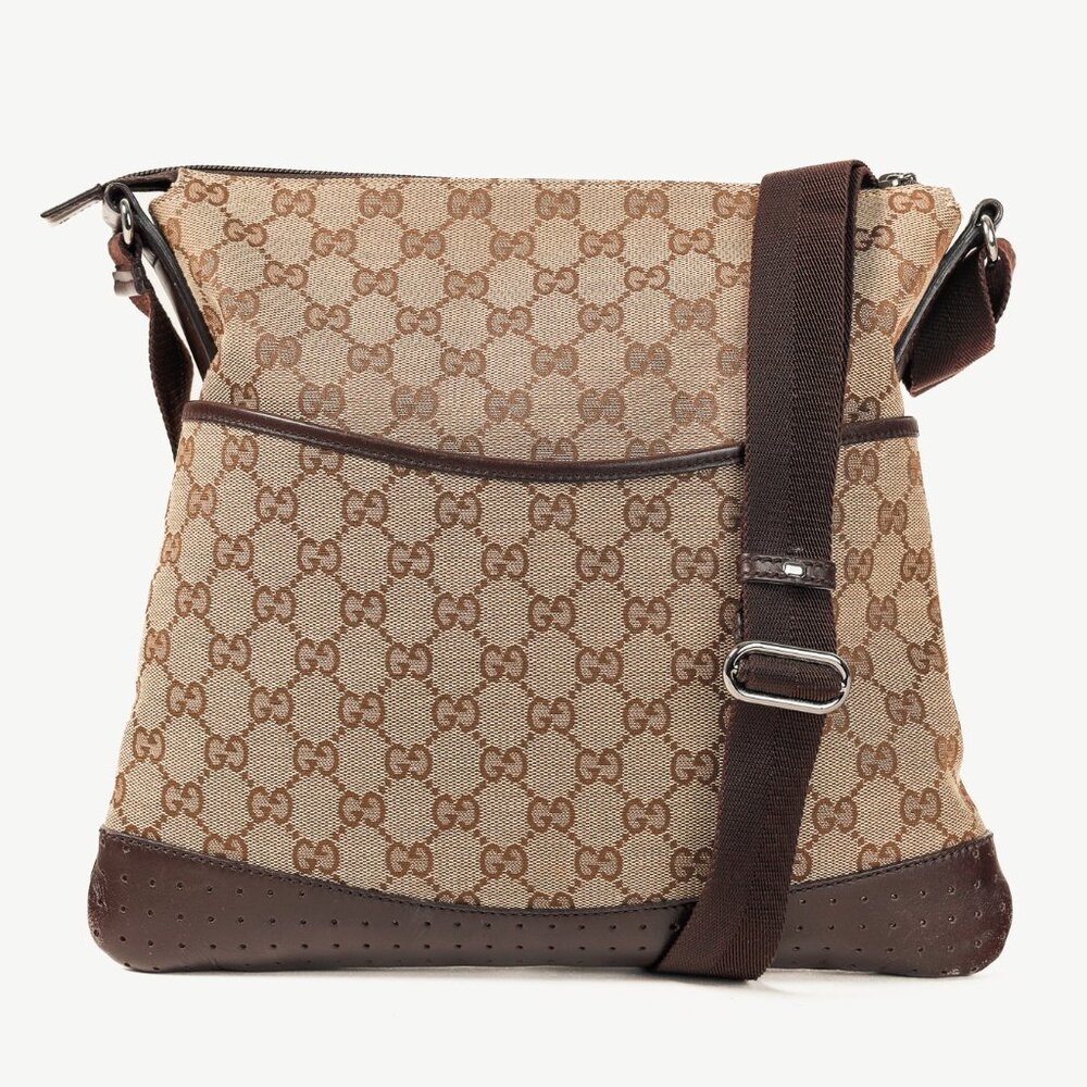 Gucci GG Monogram Canvas Brown Leather Trim Messenger Bag